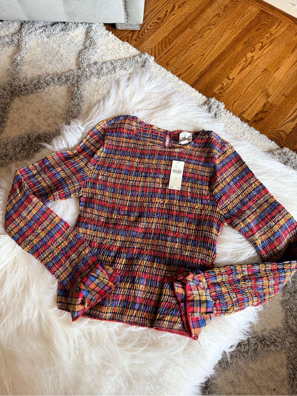 Anthropologie Multicolor Smocked Long-Sleeve Top with Red & Blue Accents
